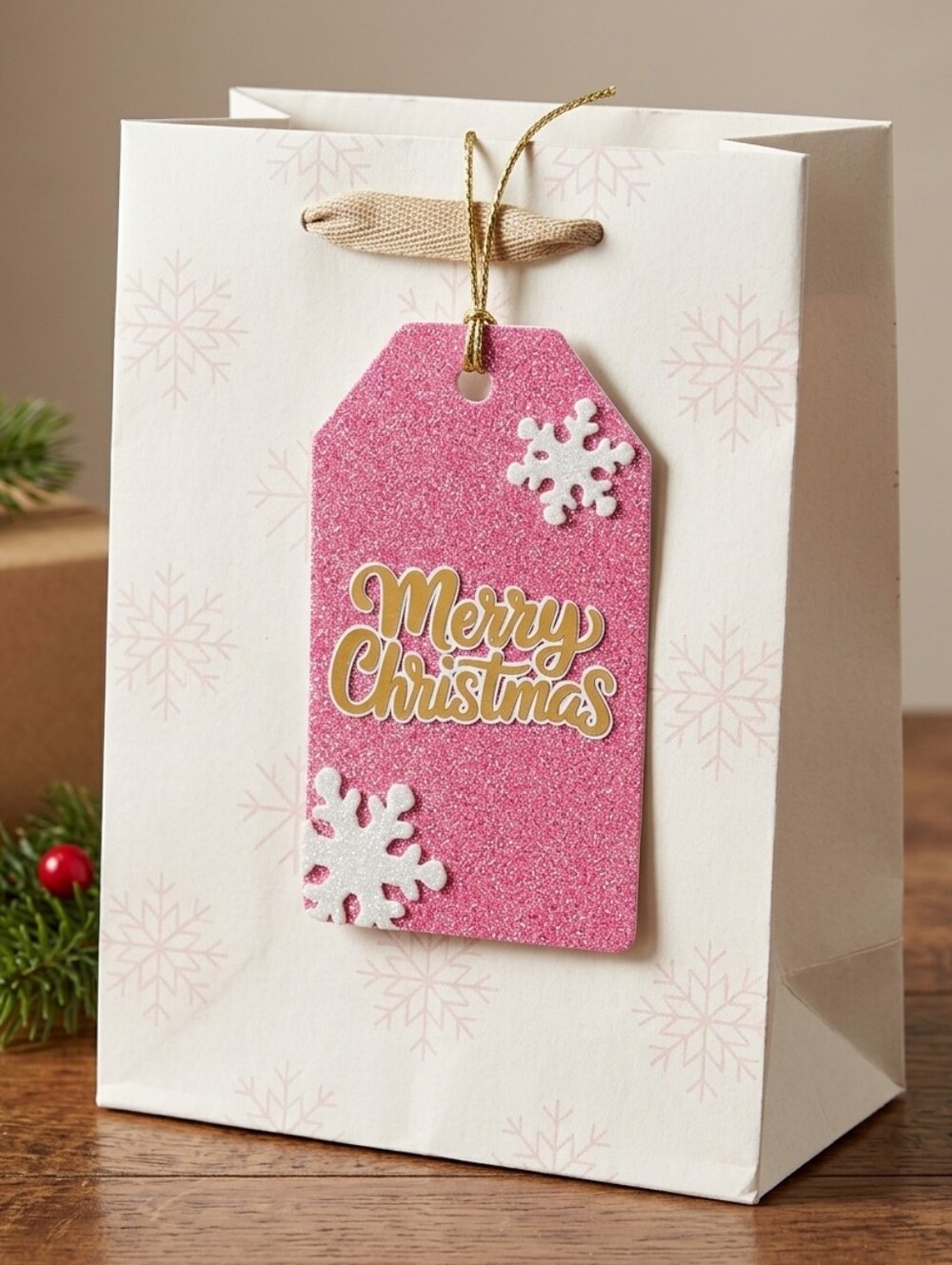 Pink Glitter Merry Christmas Gift Tag - Holiday Bag Snowflake Accent 5"x3"
